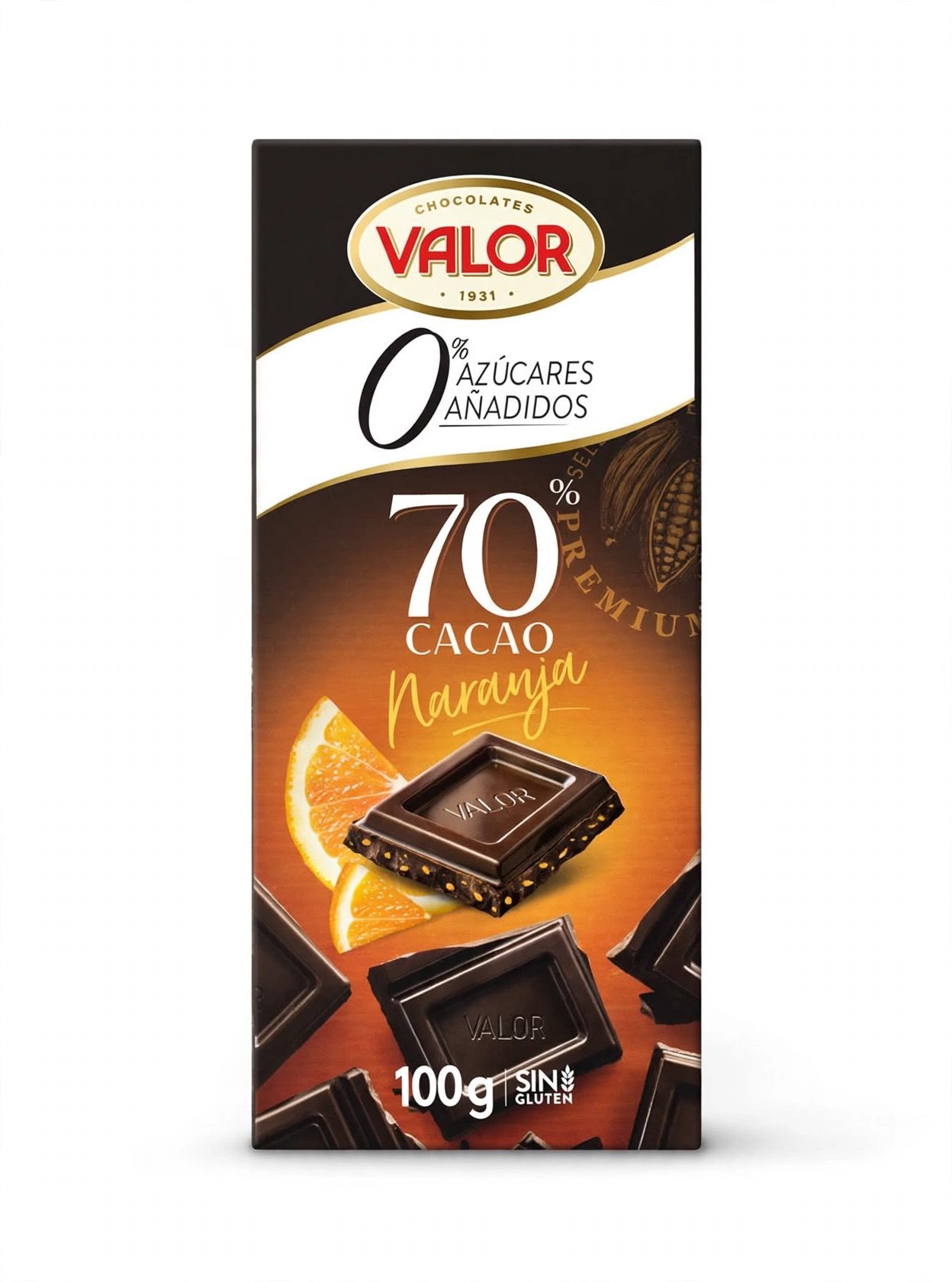 Тёмный шоколад Valor 70% какао с апельсином, без добавления сахара — 100 г