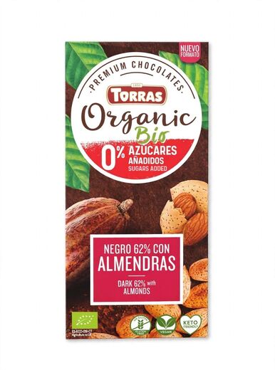 Тёмный шоколад Torras Organic Bio 62% с миндалём, без добавления сахара — 100 г