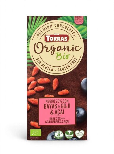Тёмный шоколад Torras Organic Bio 70% с ягодами годжи и асаи, без глютена — 100 г
